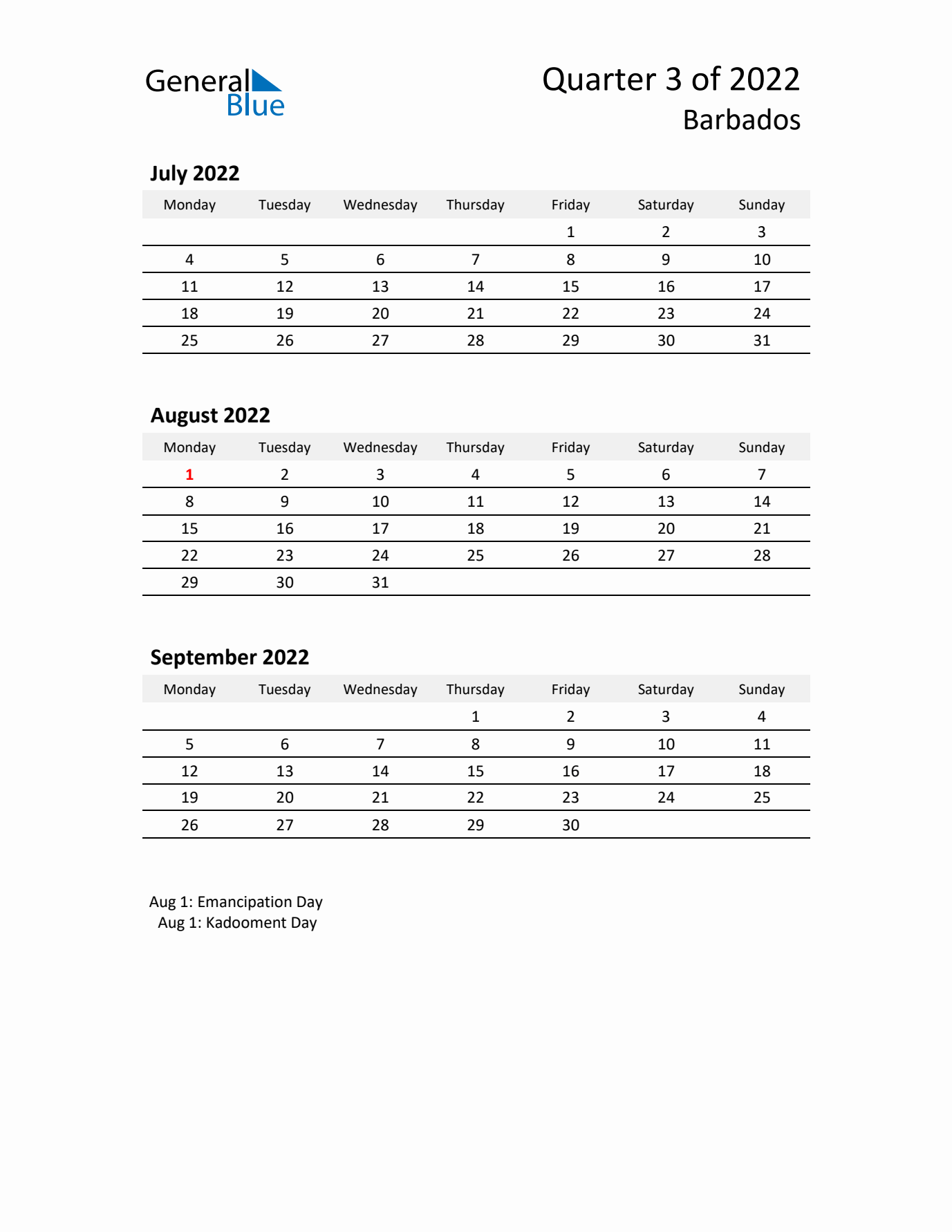2022 Q3 Three-Month Calendar for Barbados