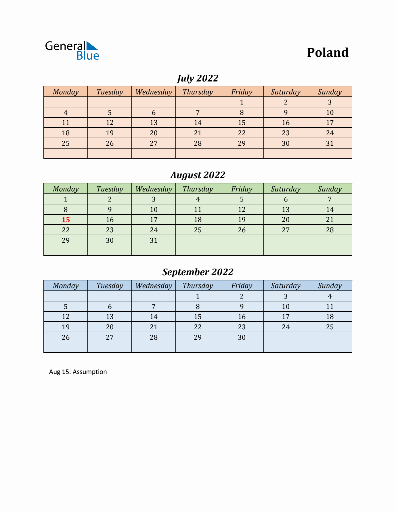 Q3 2022 Holiday Calendar - Poland