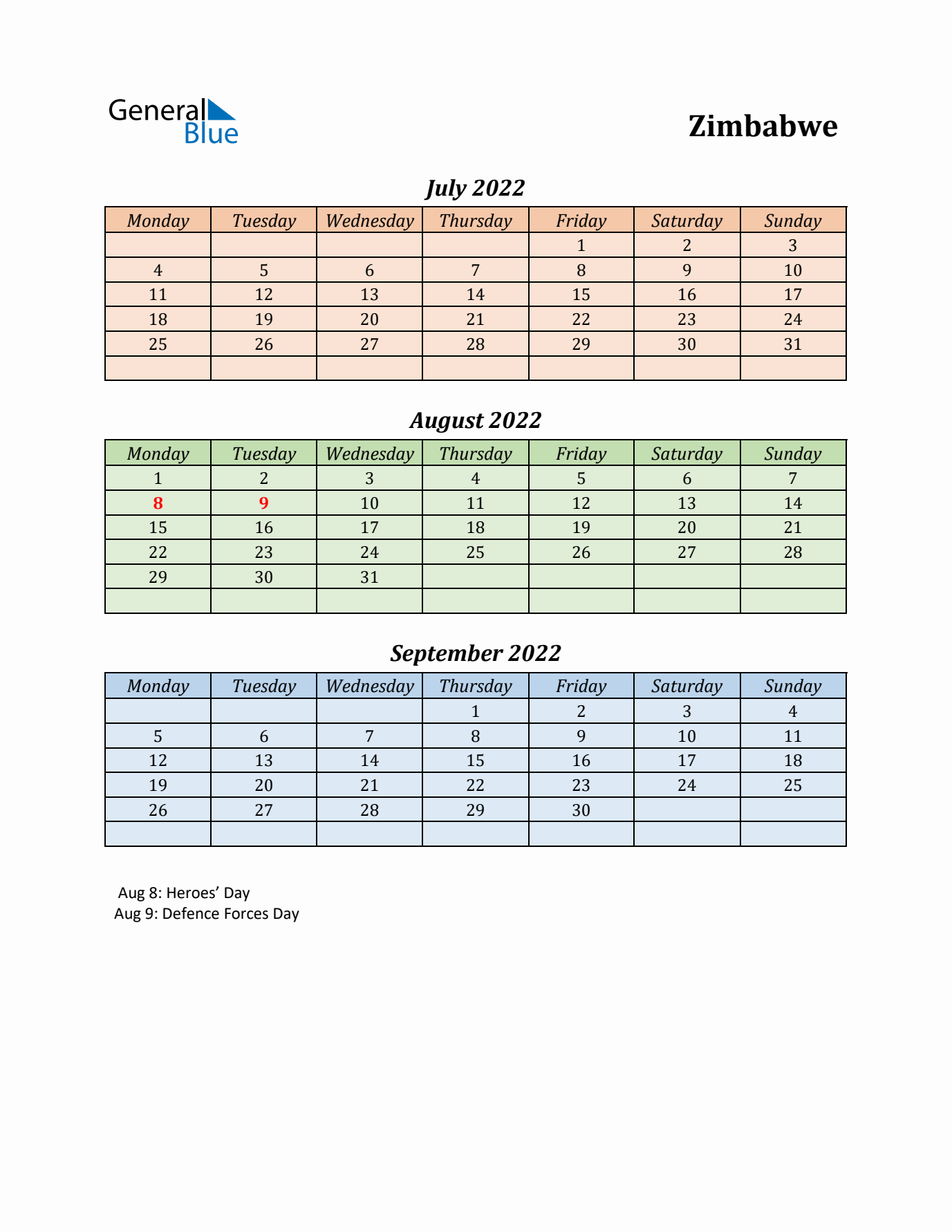 Q3 2022 Holiday Calendar - Zimbabwe