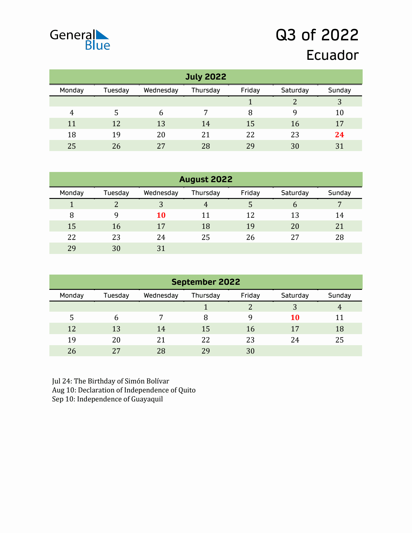 Quarterly Calendar 2022 with Ecuador Holidays