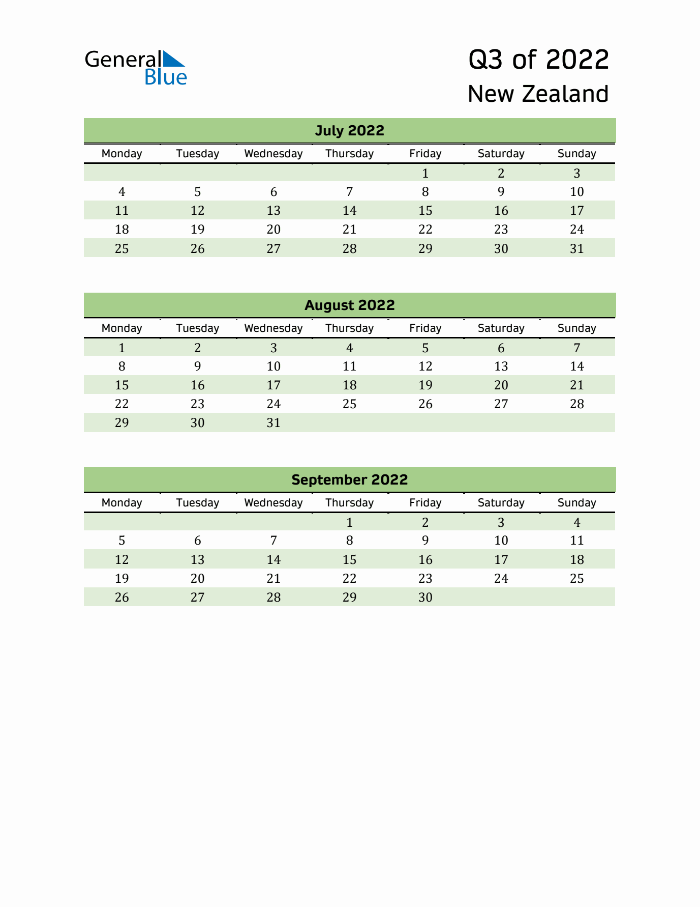 Quarterly Calendar 2022 with New Zealand Holidays