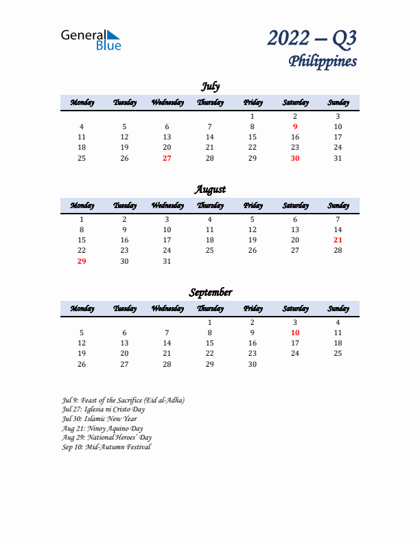 July, August, and September Calendar for Philippines with Monday Start
