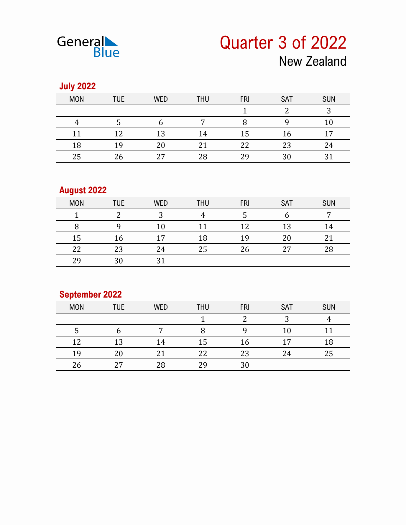 Printable Three Month Calendar with New Zealand Holidays