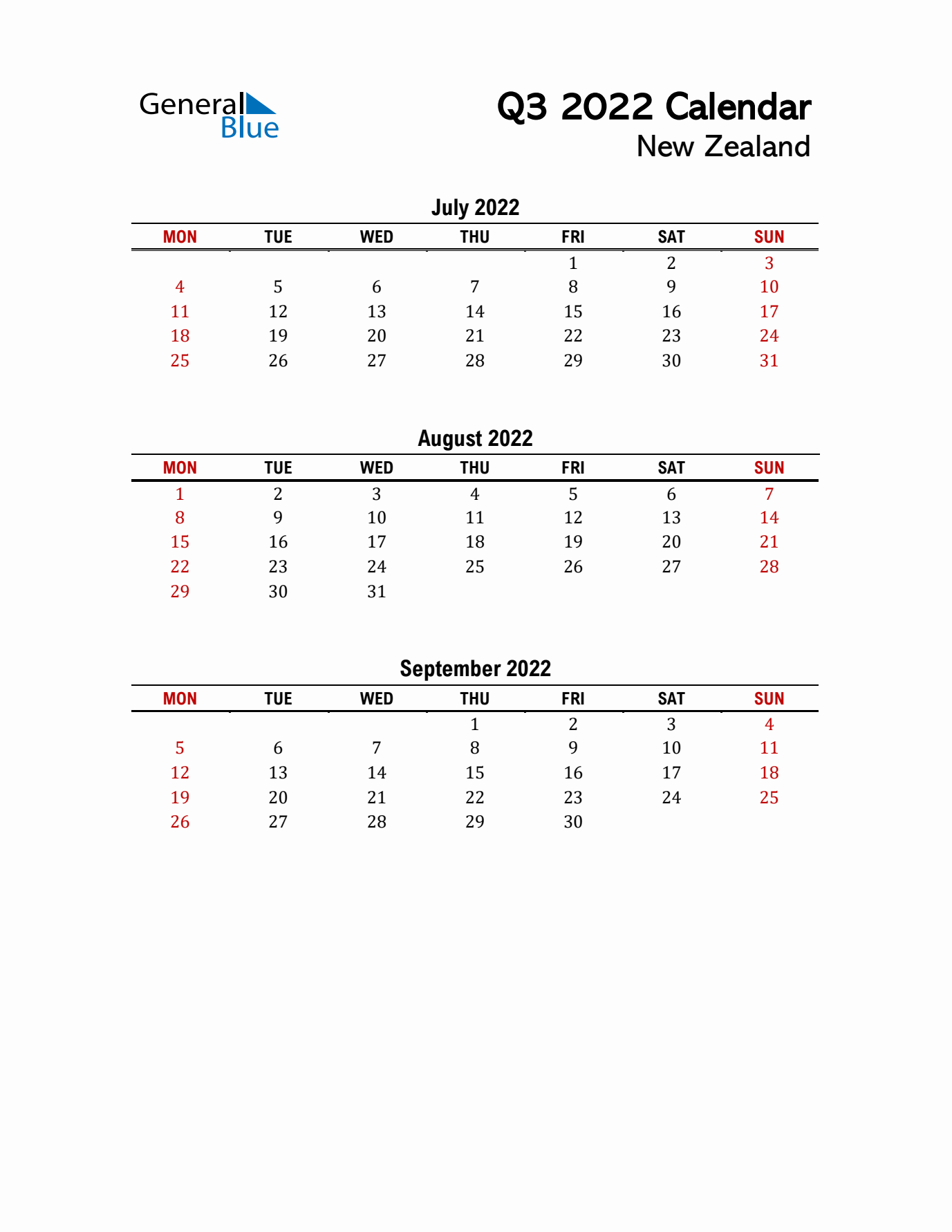 2022 Q3 Calendar with Holidays List for New Zealand