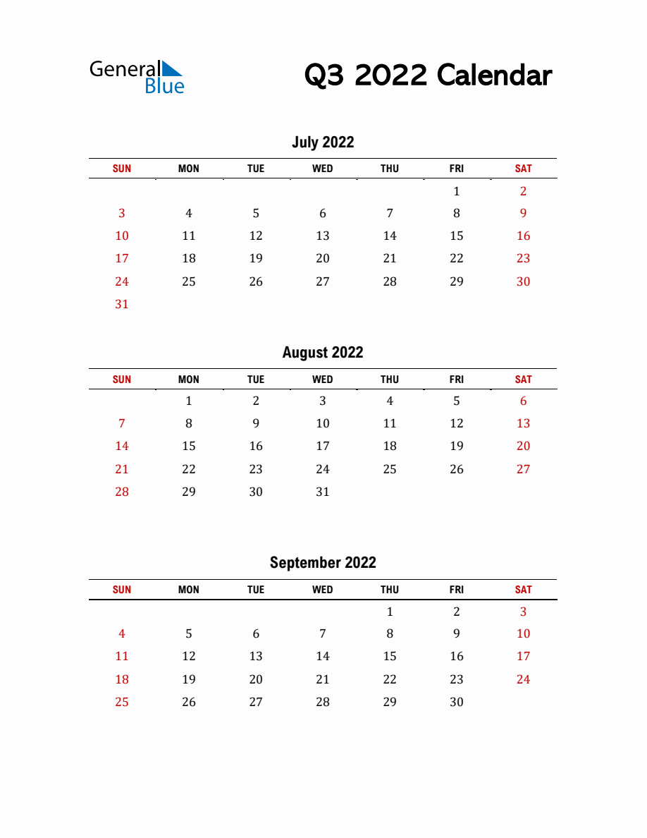 Q3 2022 Calendar Template in PDF, Excel, and Word