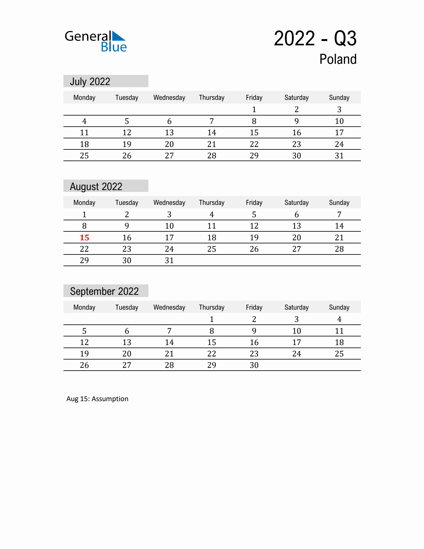 Poland Quarter 3 2022 Calendar with Holidays