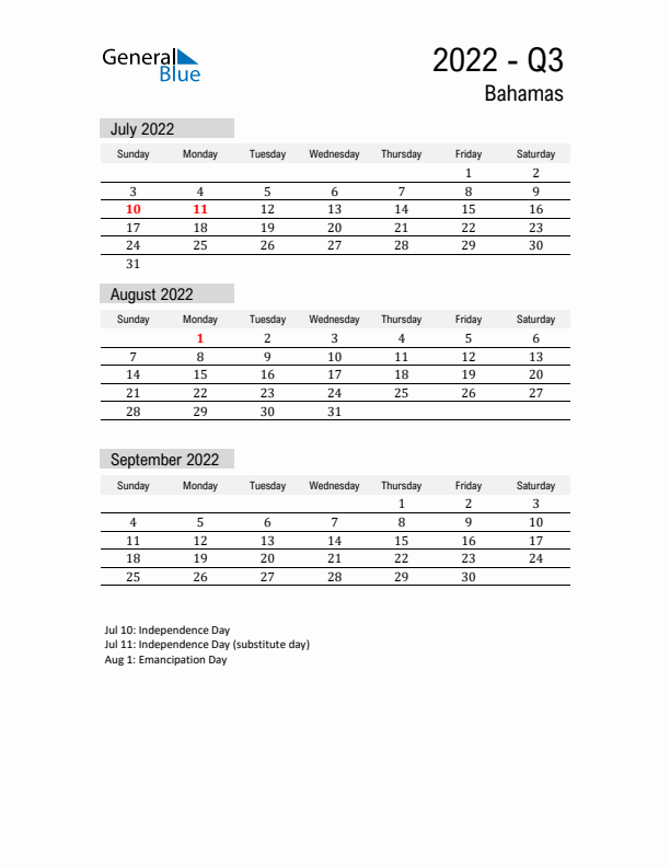 Bahamas Quarter 3 2022 Calendar with Holidays