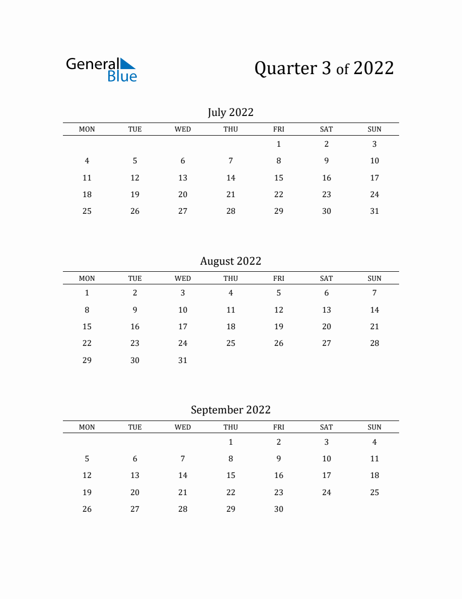 Three-Month Calendar Template (Quarter 3 2022) - Monday Start
