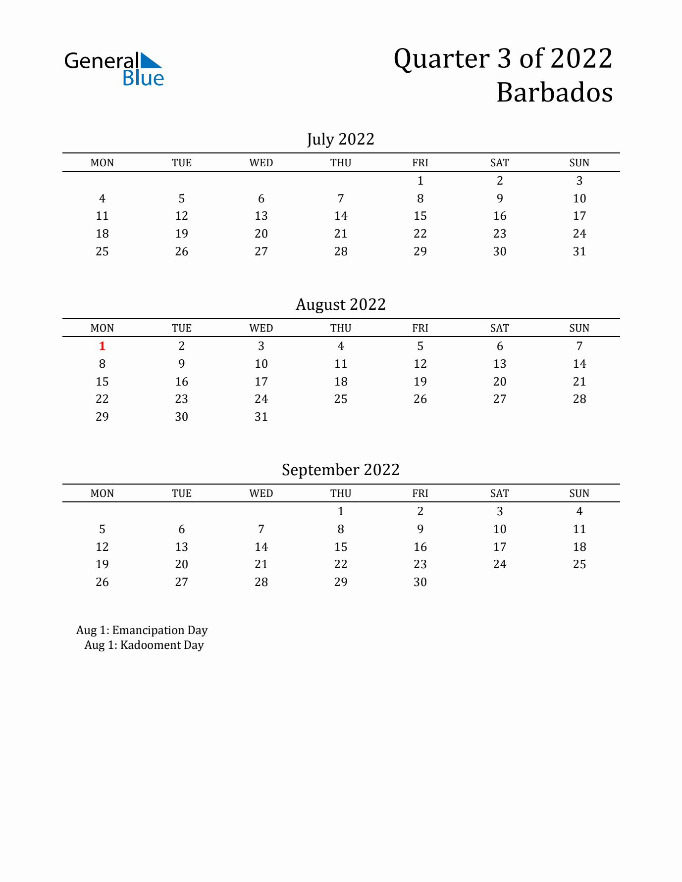 Quarter 3 2022 Barbados Quarterly Calendar