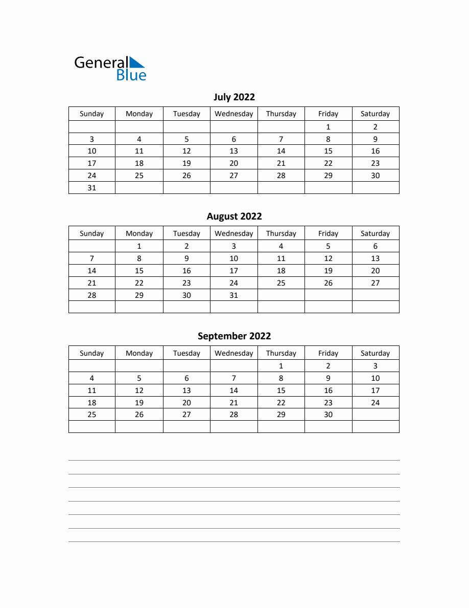 Free Printable Q3 Quarterly Calendar 2022