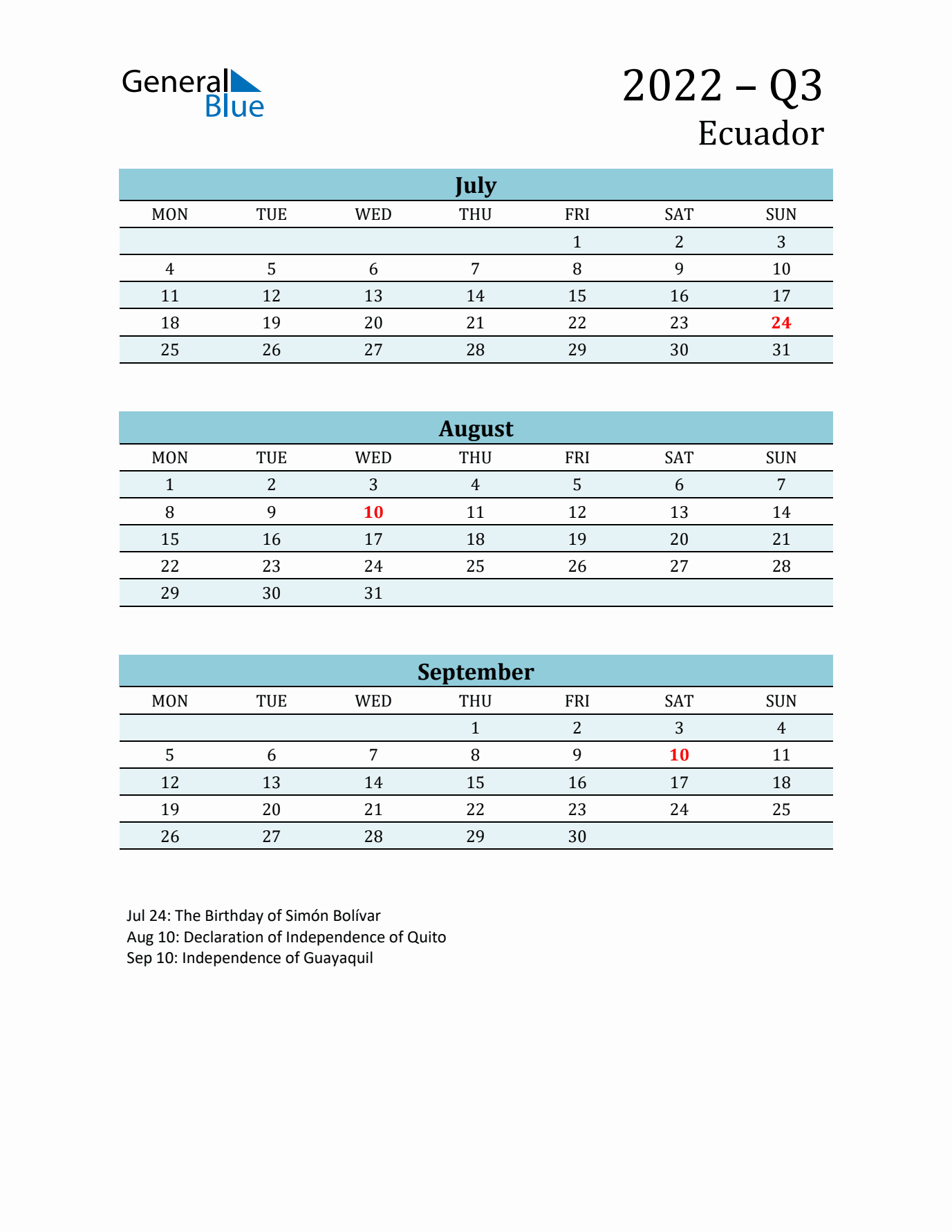 Three-Month Planner for Q3 2022 with Holidays - Ecuador