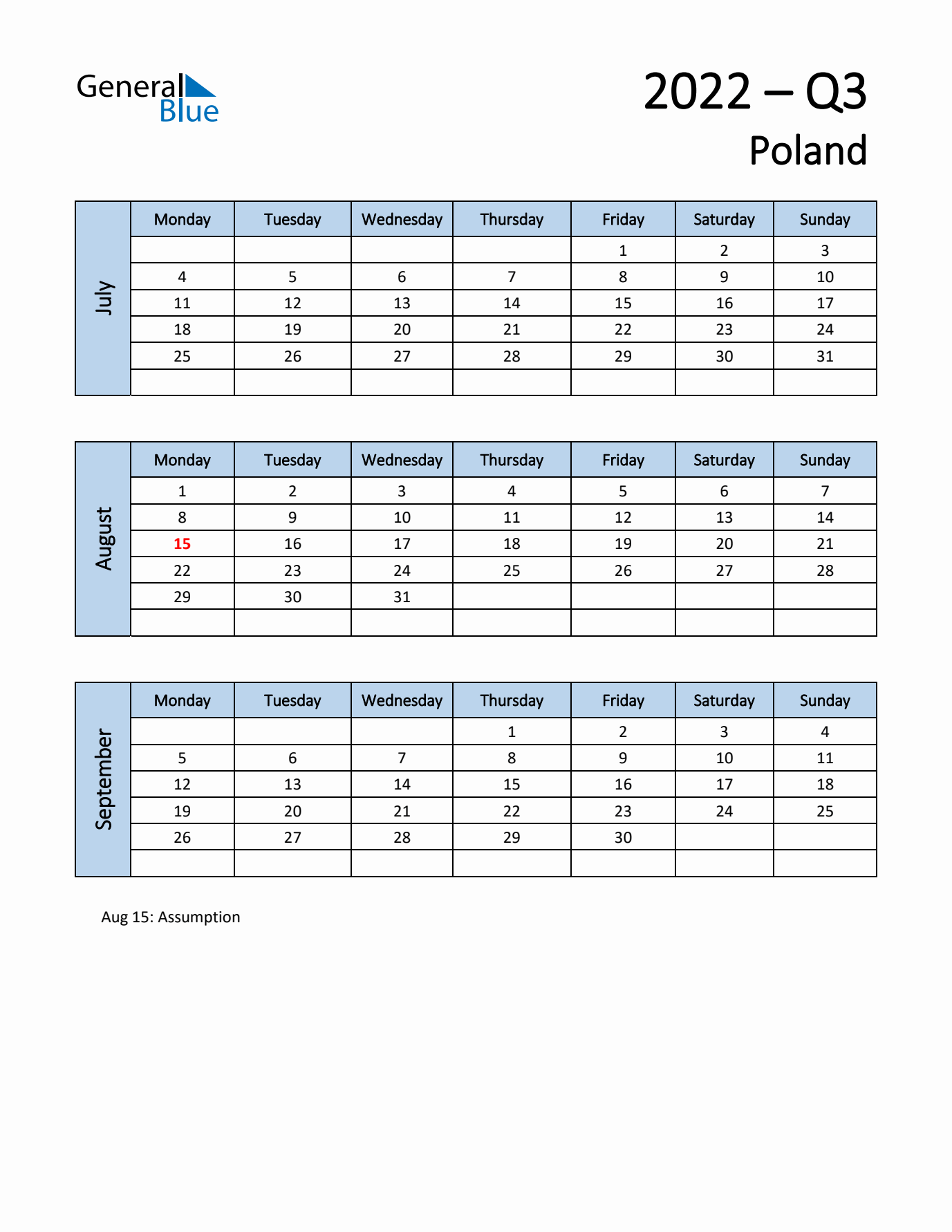 Free Q3 2022 Calendar for Poland - Monday Start