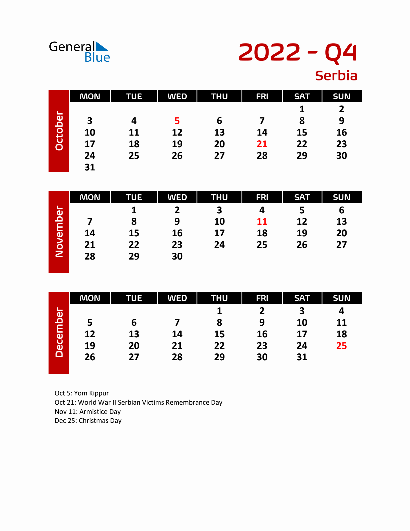 Q4 2022 Calendar with Holidays in Serbia