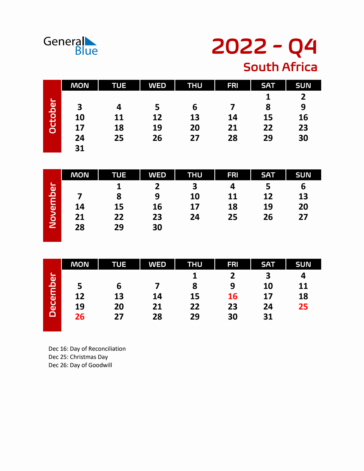 Q4 2022 Calendar with Holidays in South Africa
