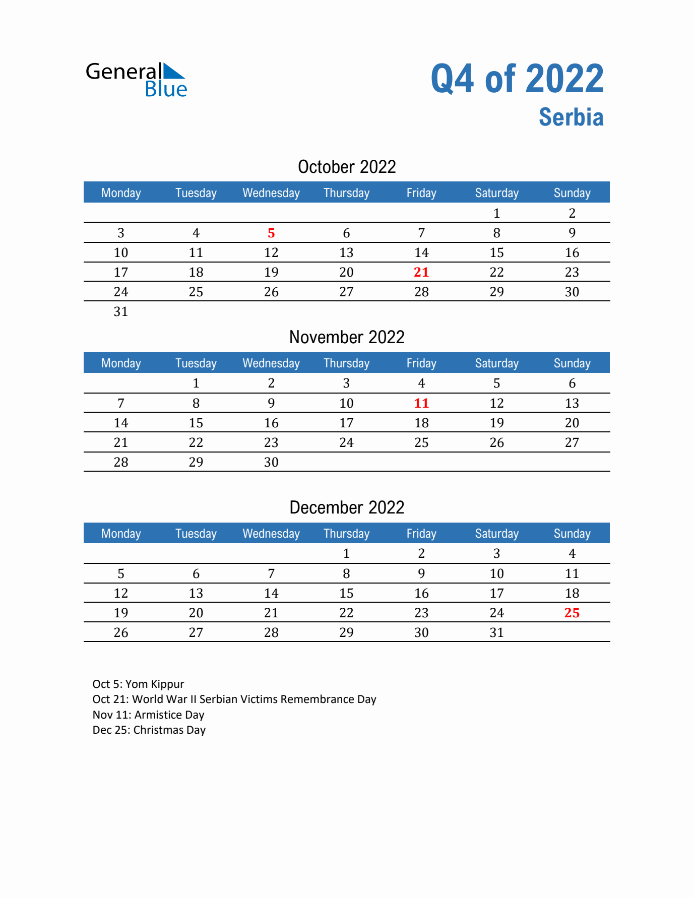 Serbia Q4 2022 Quarterly Calendar with Monday Start