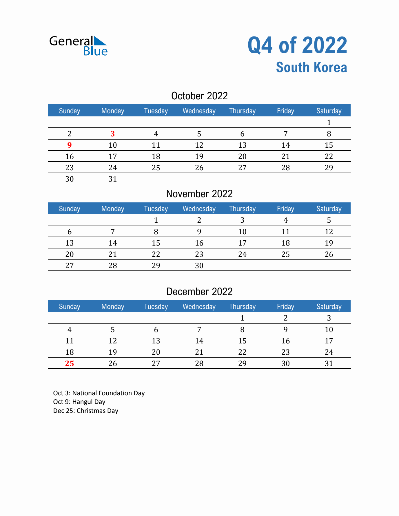South Korea Q4 2022 Quarterly Calendar with Sunday Start