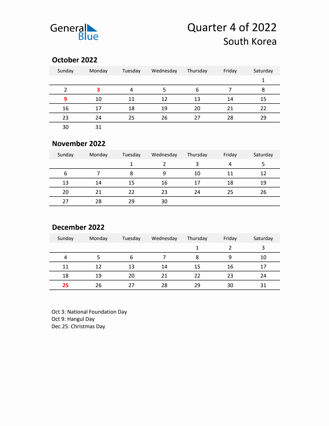 2022 Q4 Three-Month Calendar for South Korea