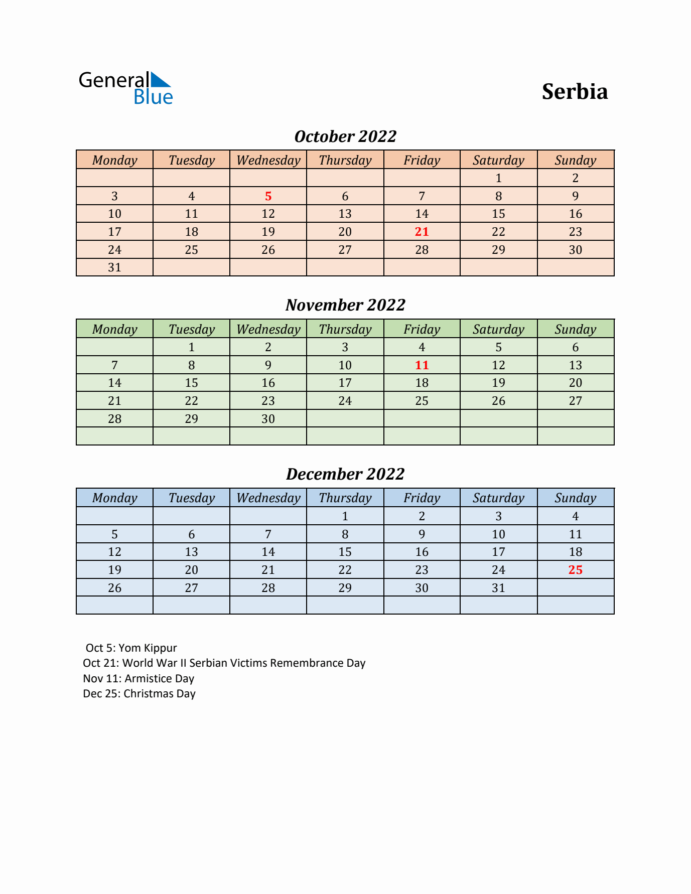 Q4 2022 Holiday Calendar - Serbia
