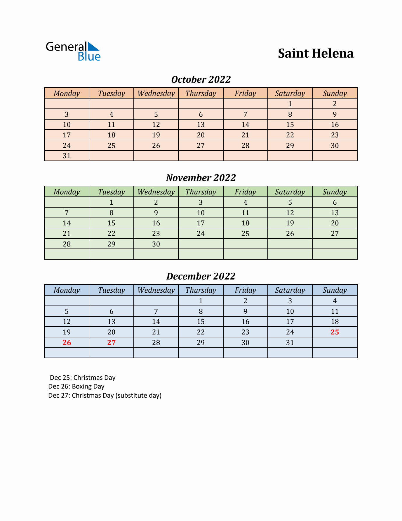 Q4 2022 Holiday Calendar - Saint Helena