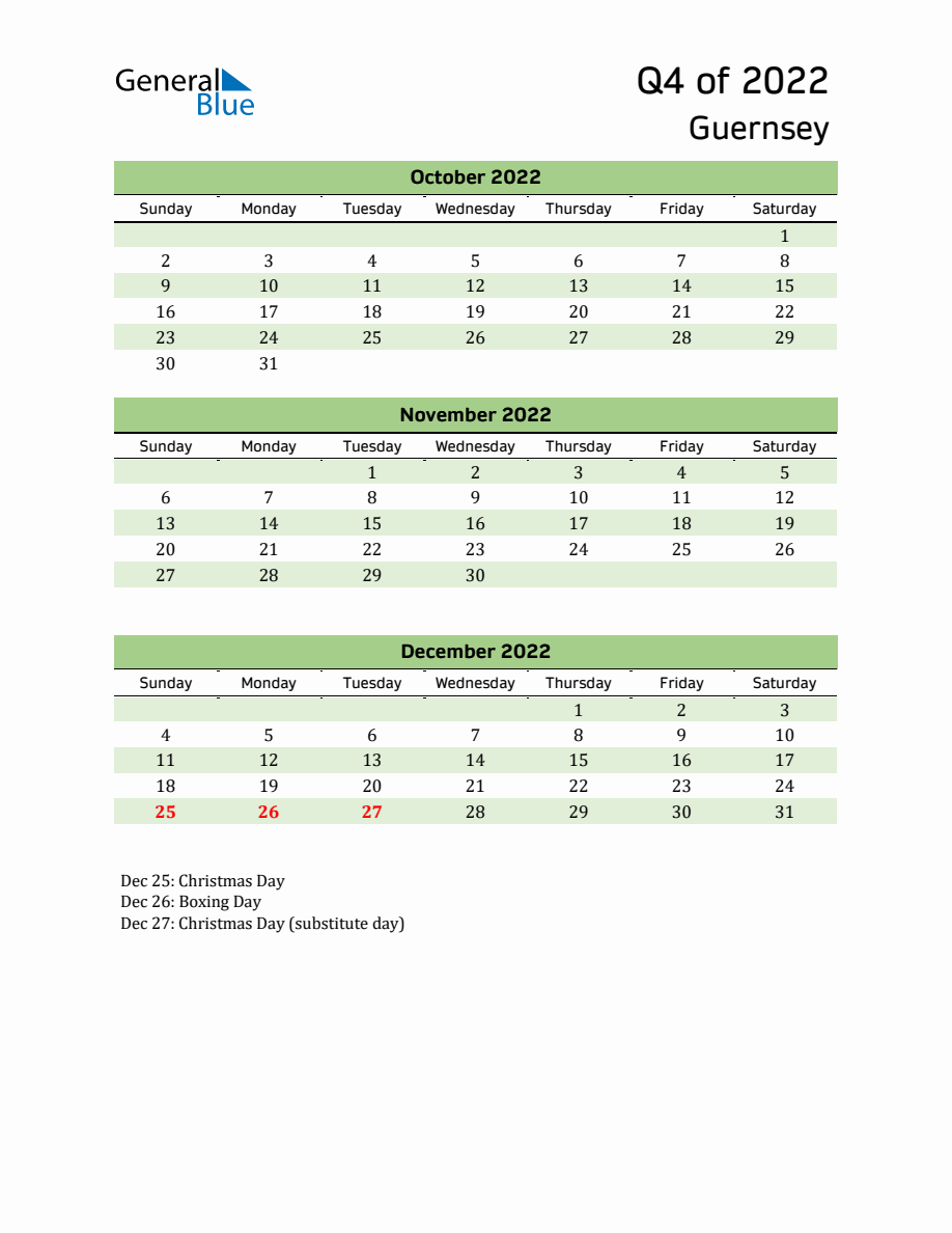 Quarterly Calendar with Guernsey Holidays (Q4 of 2022)