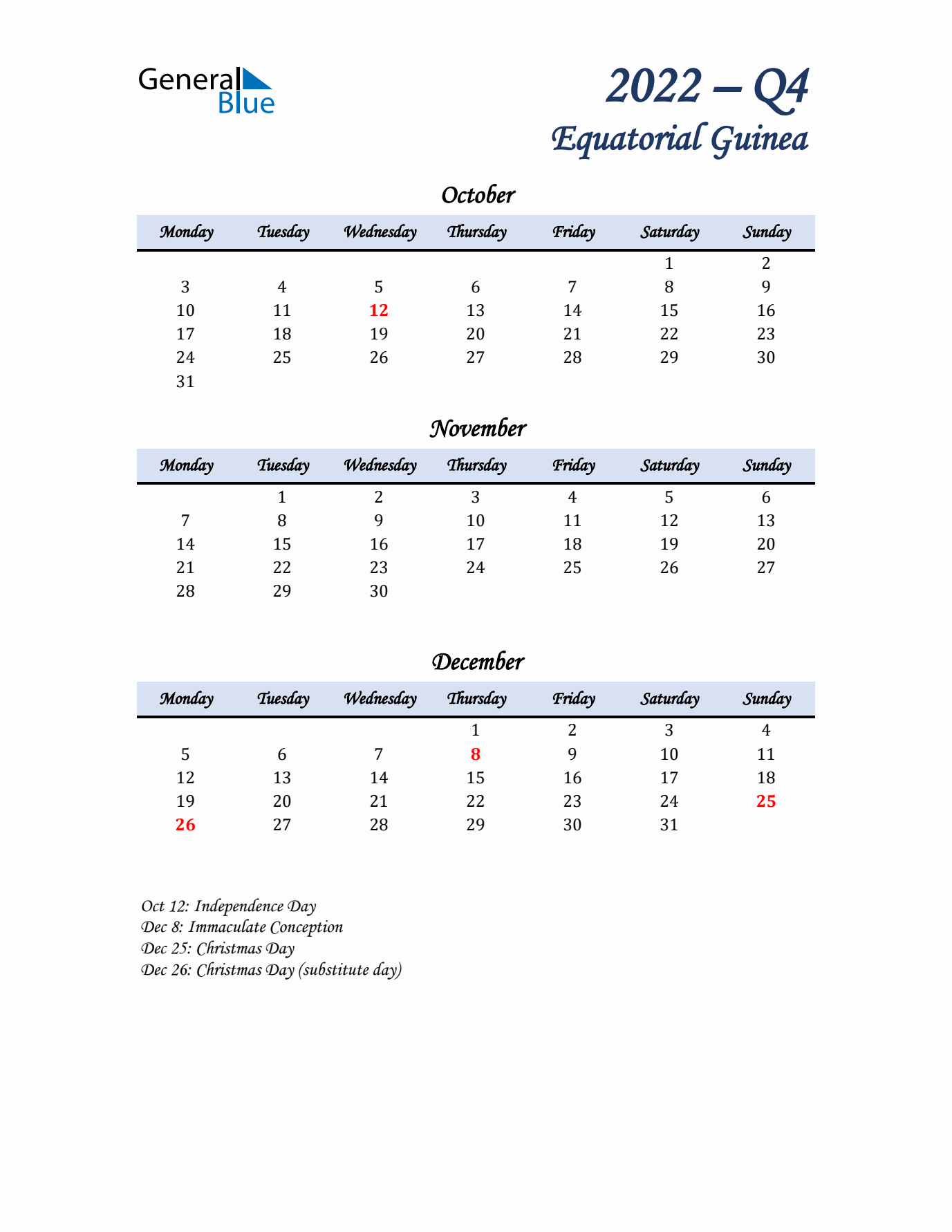 October, November, and December Calendar for Equatorial Guinea with Monday Start