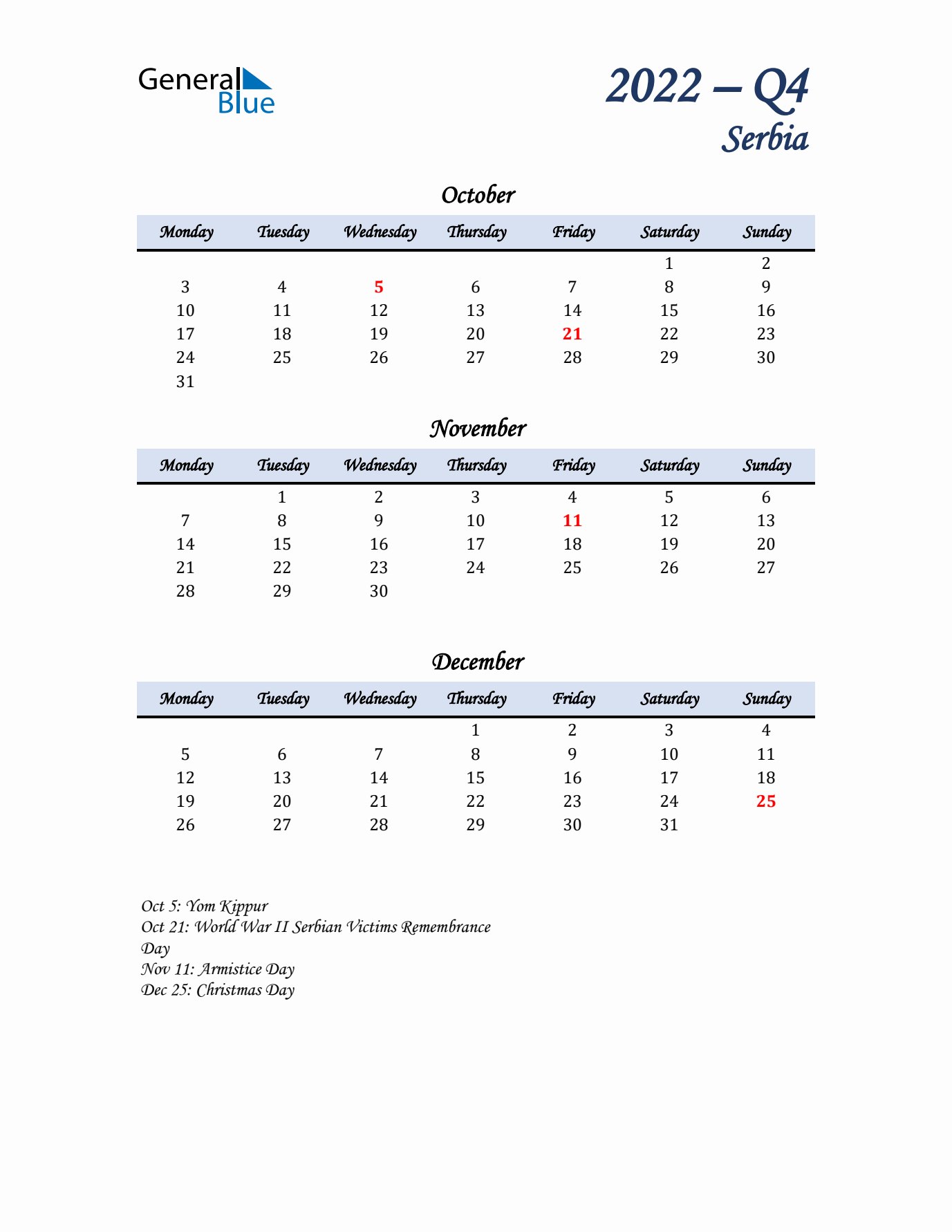 October, November, and December Calendar for Serbia with Monday Start