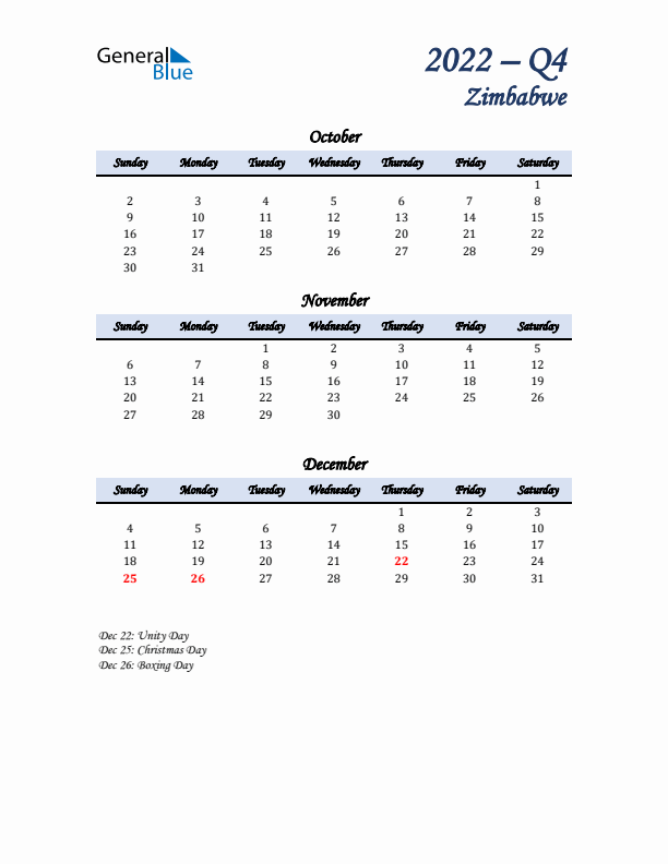 October, November, and December Calendar for Zimbabwe with Sunday Start