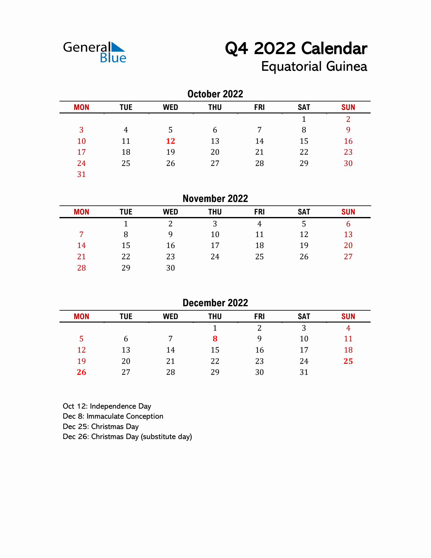 2022 Q4 Calendar with Holidays List for Equatorial Guinea