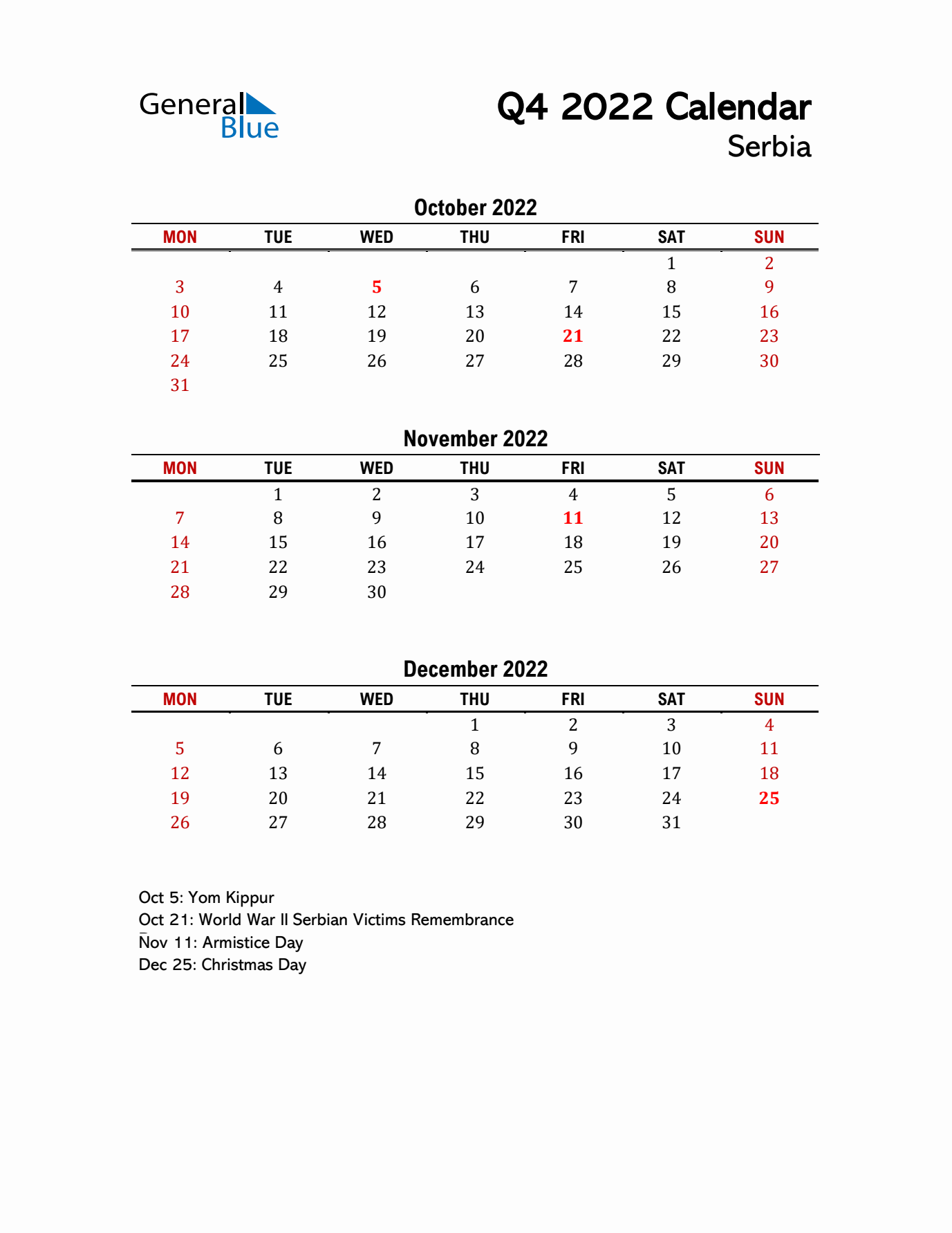 2022 Q4 Calendar with Holidays List for Serbia