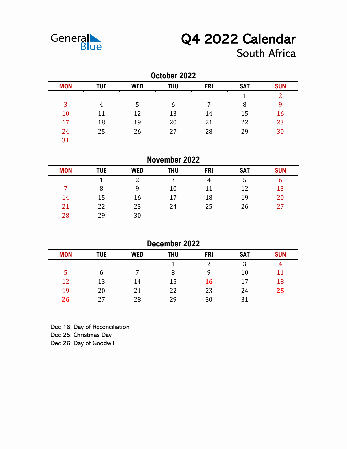 2022 Q4 Calendar with Holidays List for South Africa