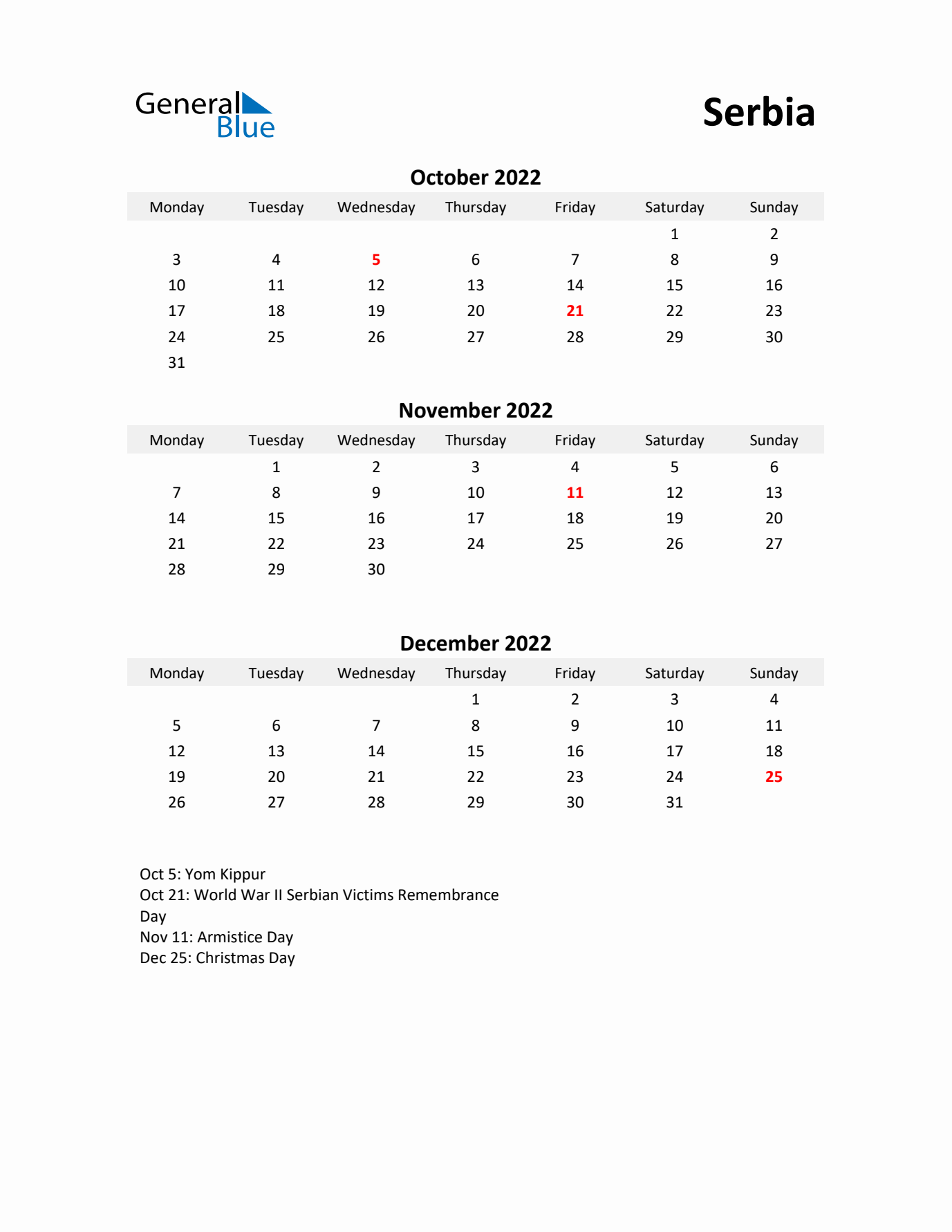 Printable Quarterly Calendar with Notes and Serbia Holidays- Q4 of 2022
