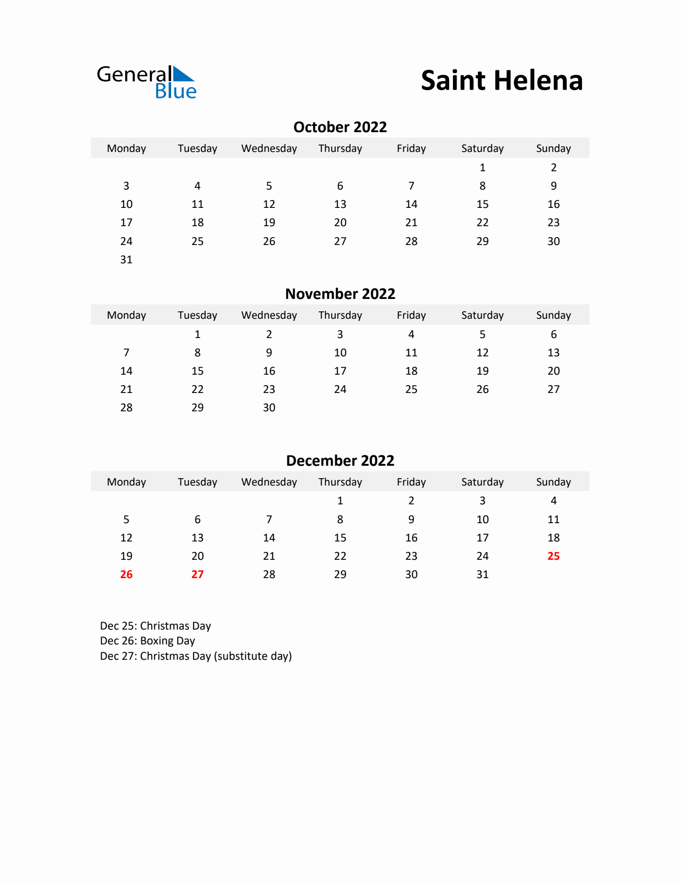 Printable Quarterly Calendar with Notes and Saint Helena Holidays- Q4 of 2022
