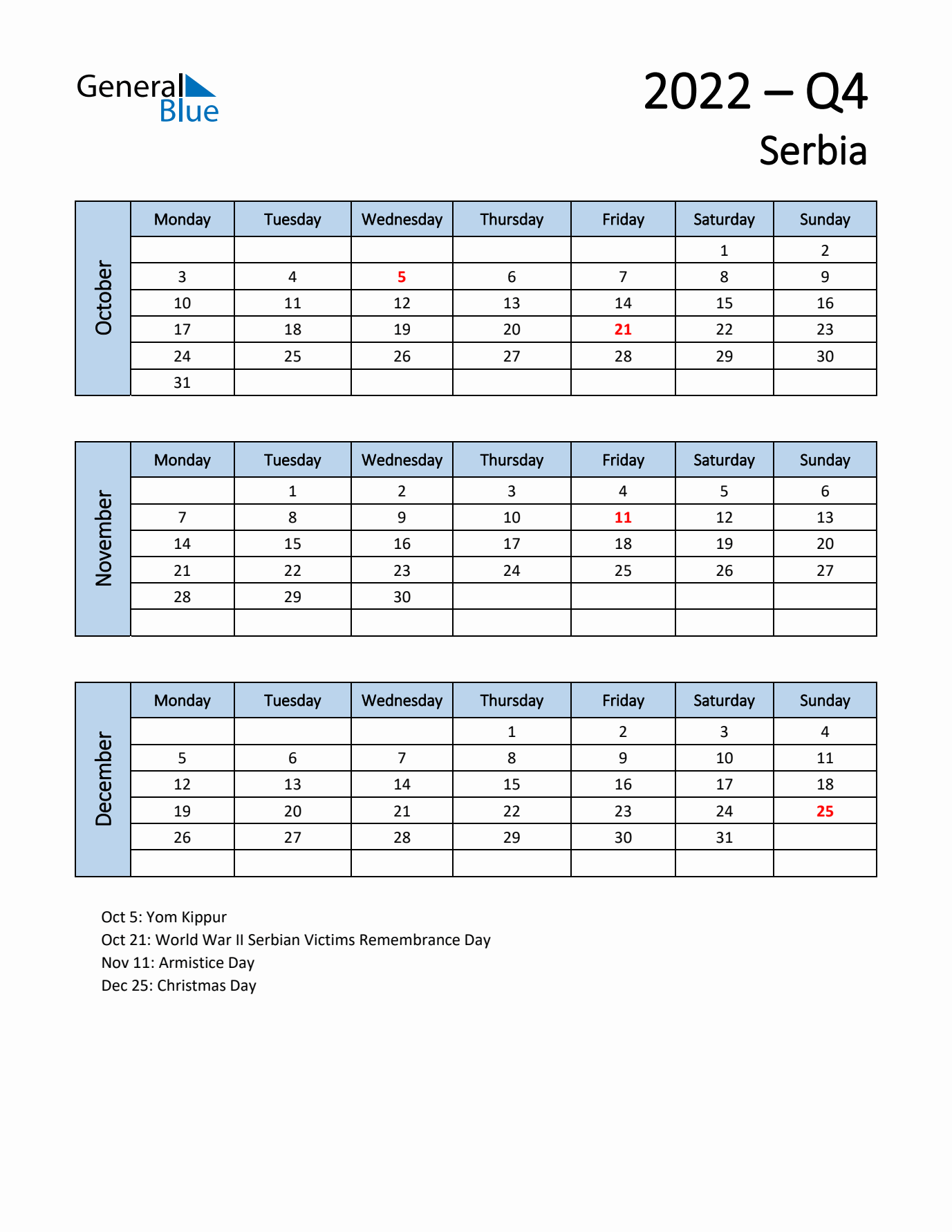 Free Q4 2022 Calendar for Serbia - Monday Start