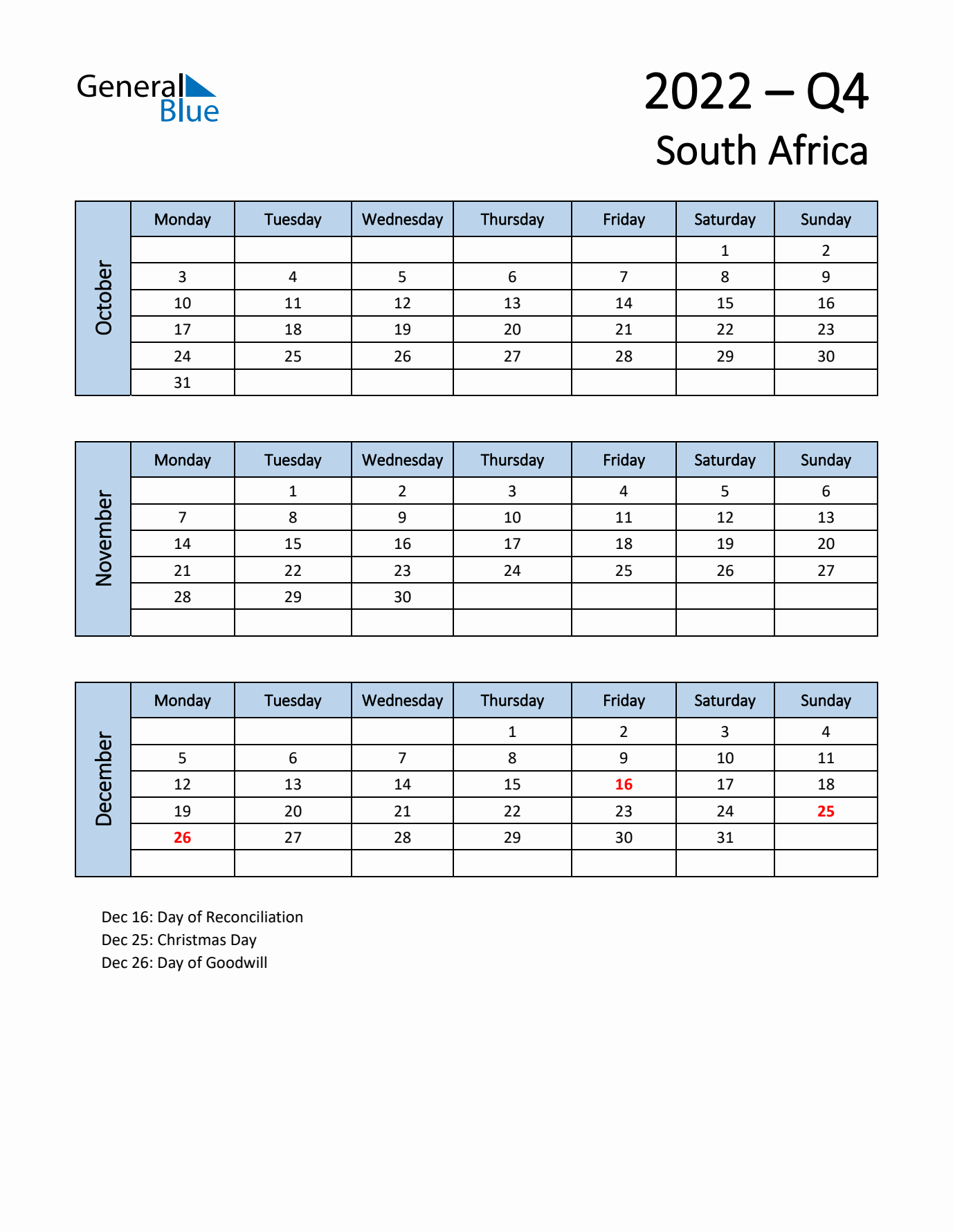 Free Q4 2022 Calendar for South Africa - Monday Start