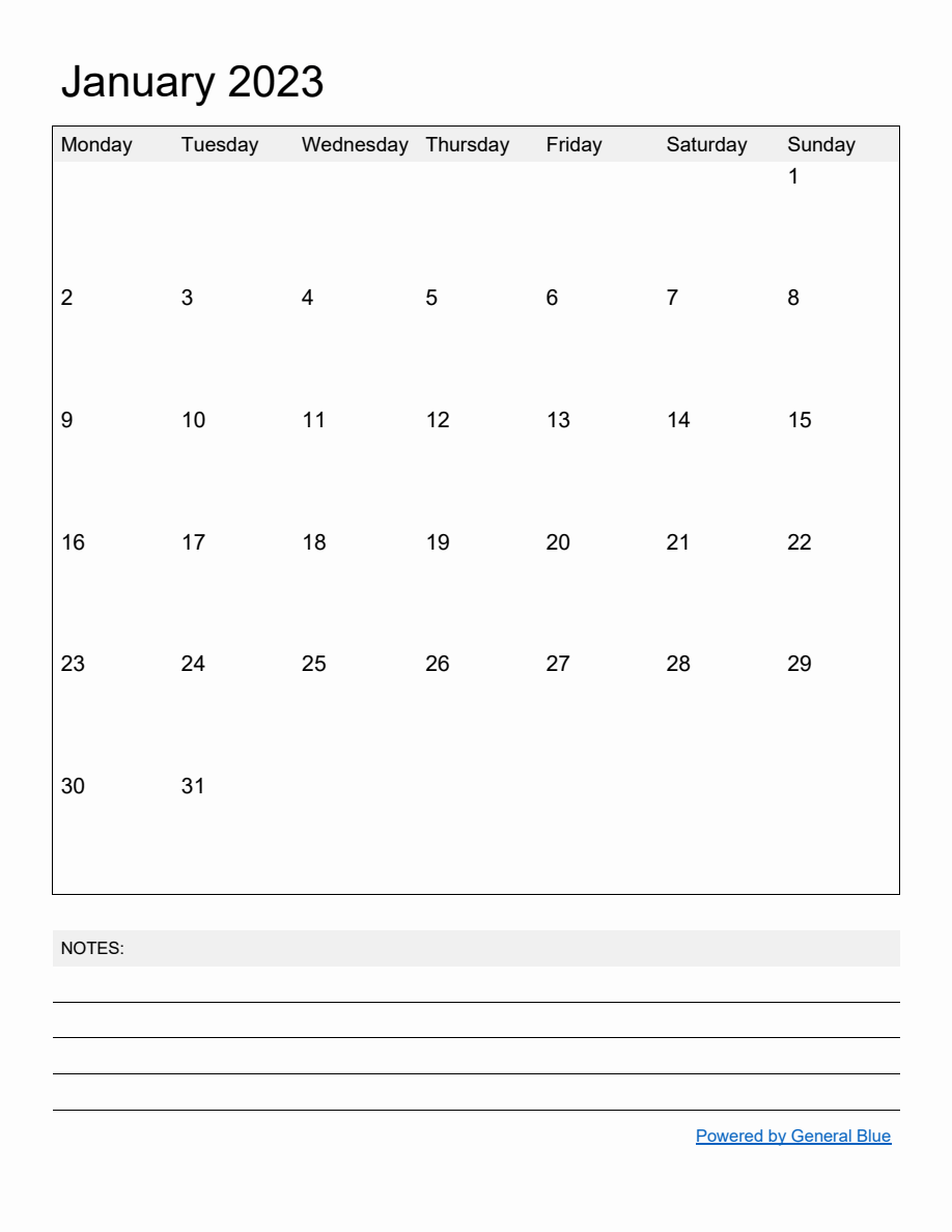 Free Printable Monthly Calendar for January 2023 - Monday Start
