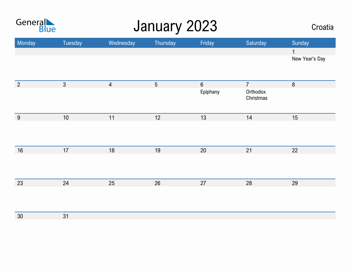 Editable January 2023 Calendar with Croatia Holidays