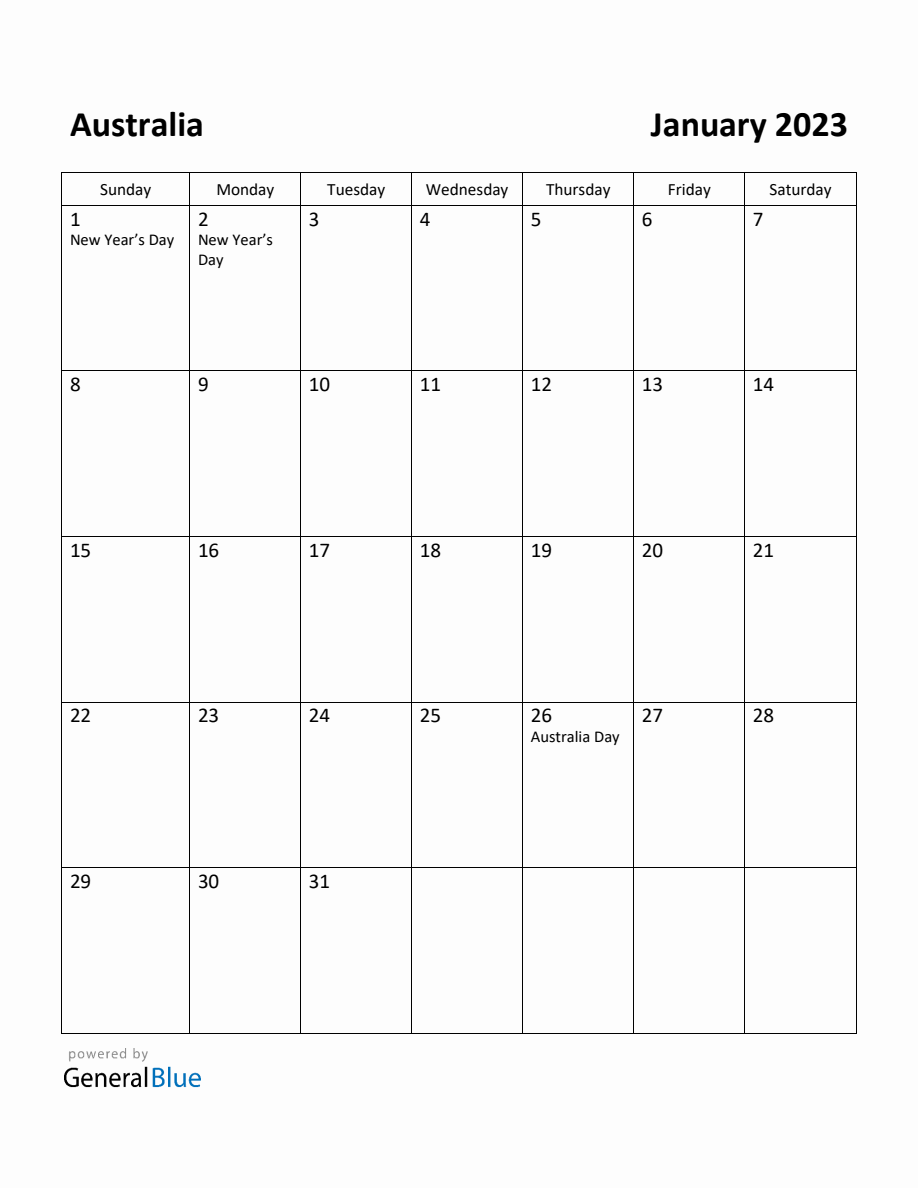 Free Printable January 2023 Calendar for Australia