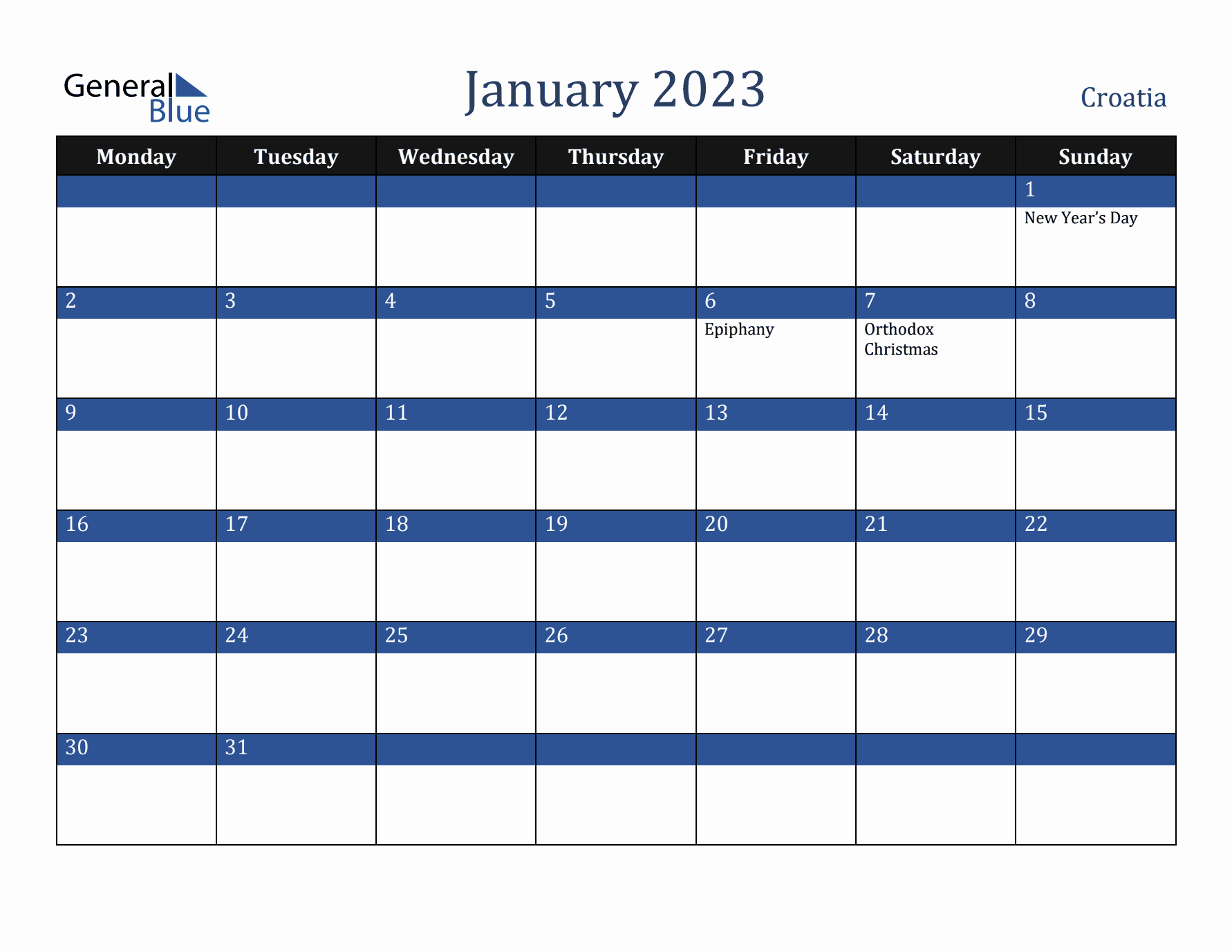 January 2023 Croatia Calendar (Monday Start)
