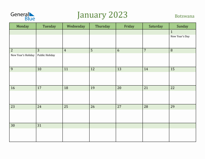 January 2023 Calendar with Botswana Holidays