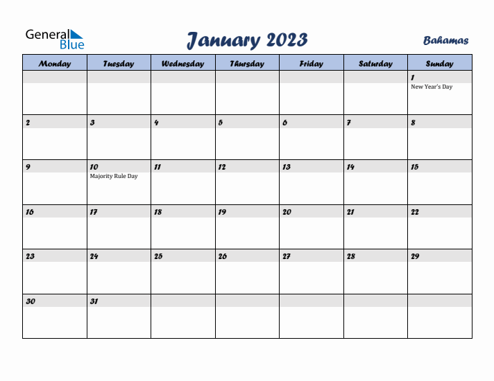 January 2023 Calendar with Holidays in Bahamas