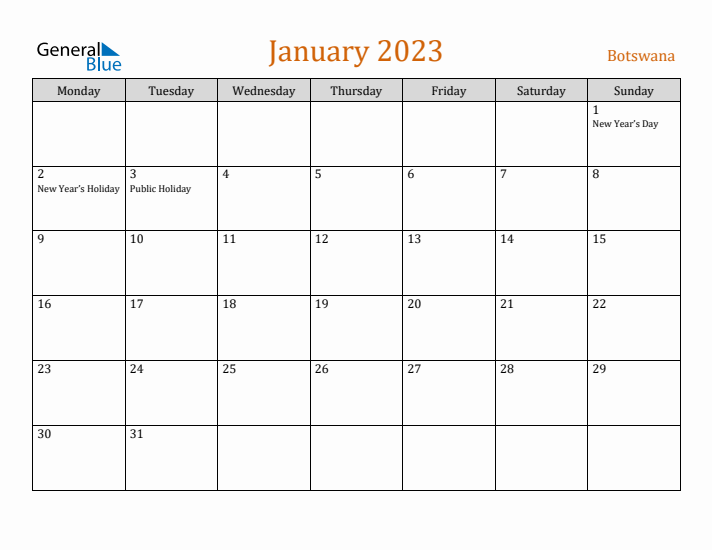 January 2023 Holiday Calendar with Monday Start