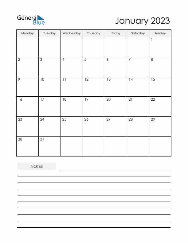Printable Calendar with Notes - January 2023