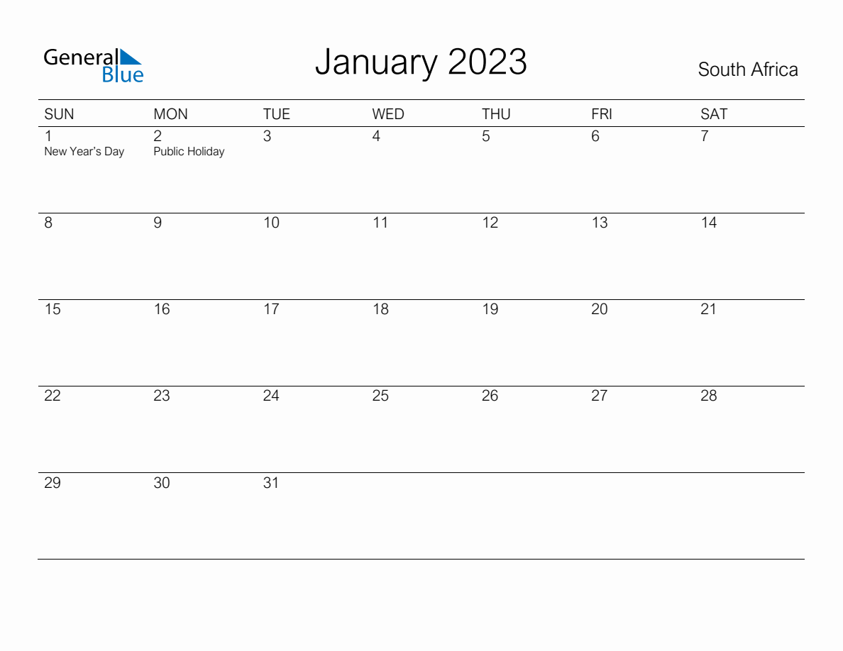 Printable January 2023 Monthly Calendar with Holidays for South Africa