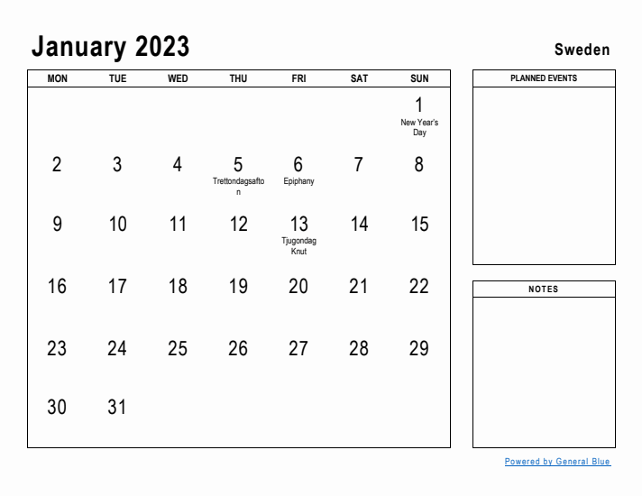 January 2023 Printable Monthly Calendar with Sweden Holidays