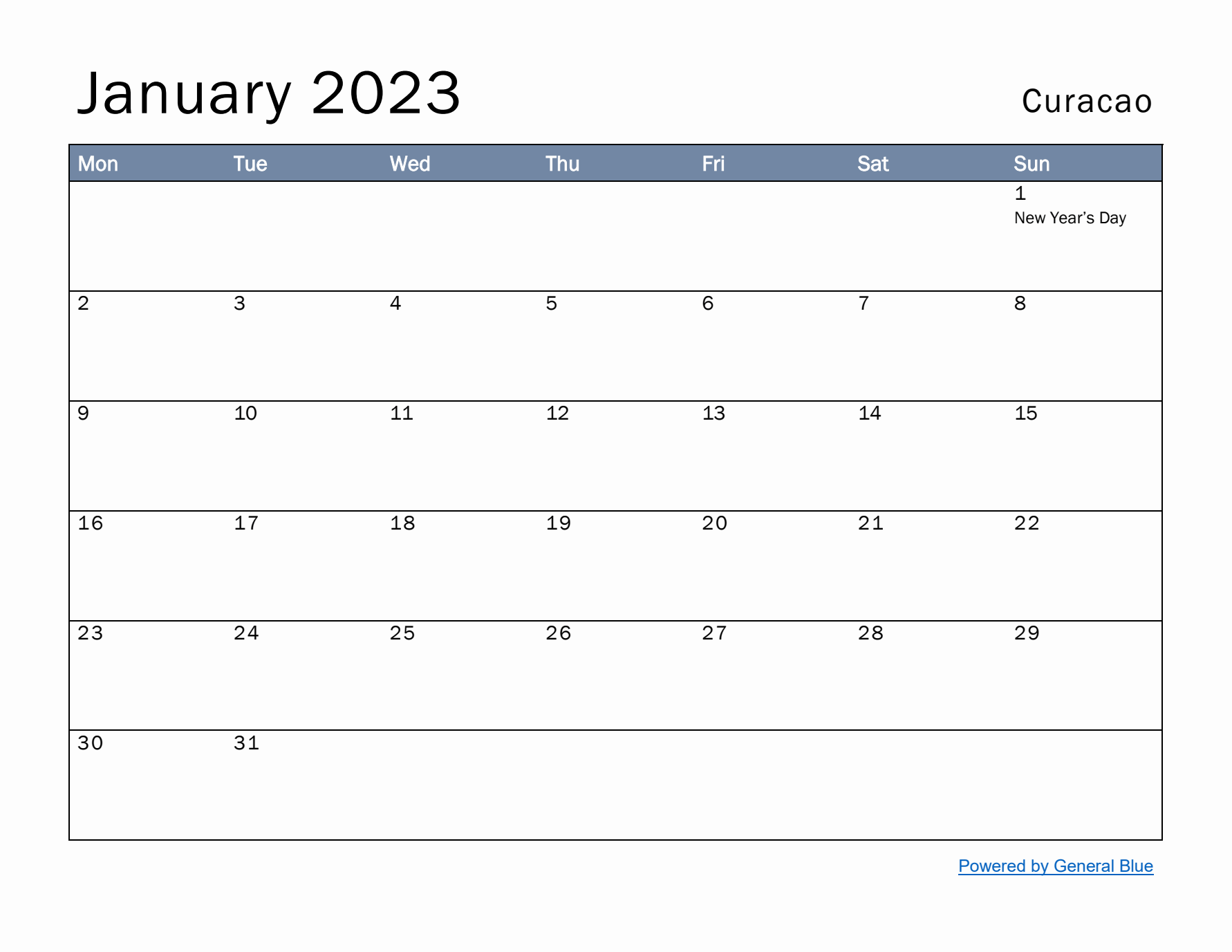 January 2023 Simple Monthly Calendar for Curacao