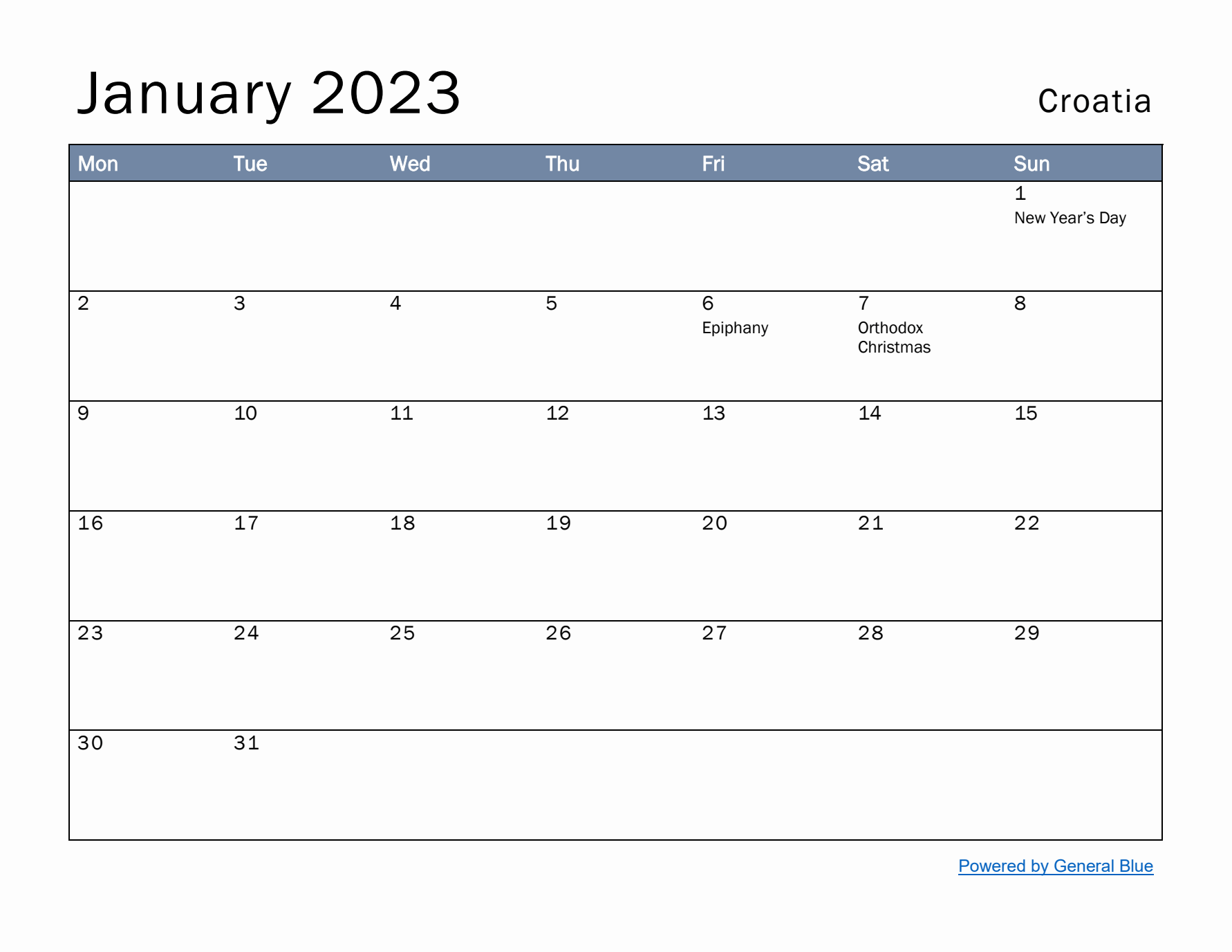 January 2023 Simple Monthly Calendar for Croatia