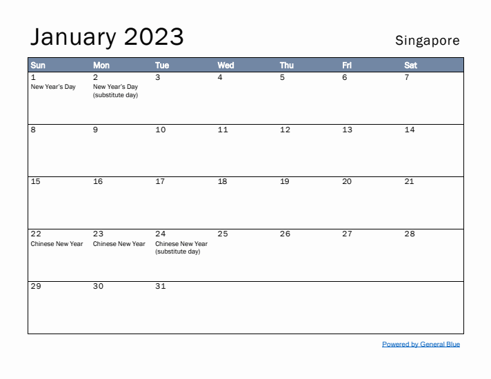 January 2023 Simple Monthly Calendar for Singapore