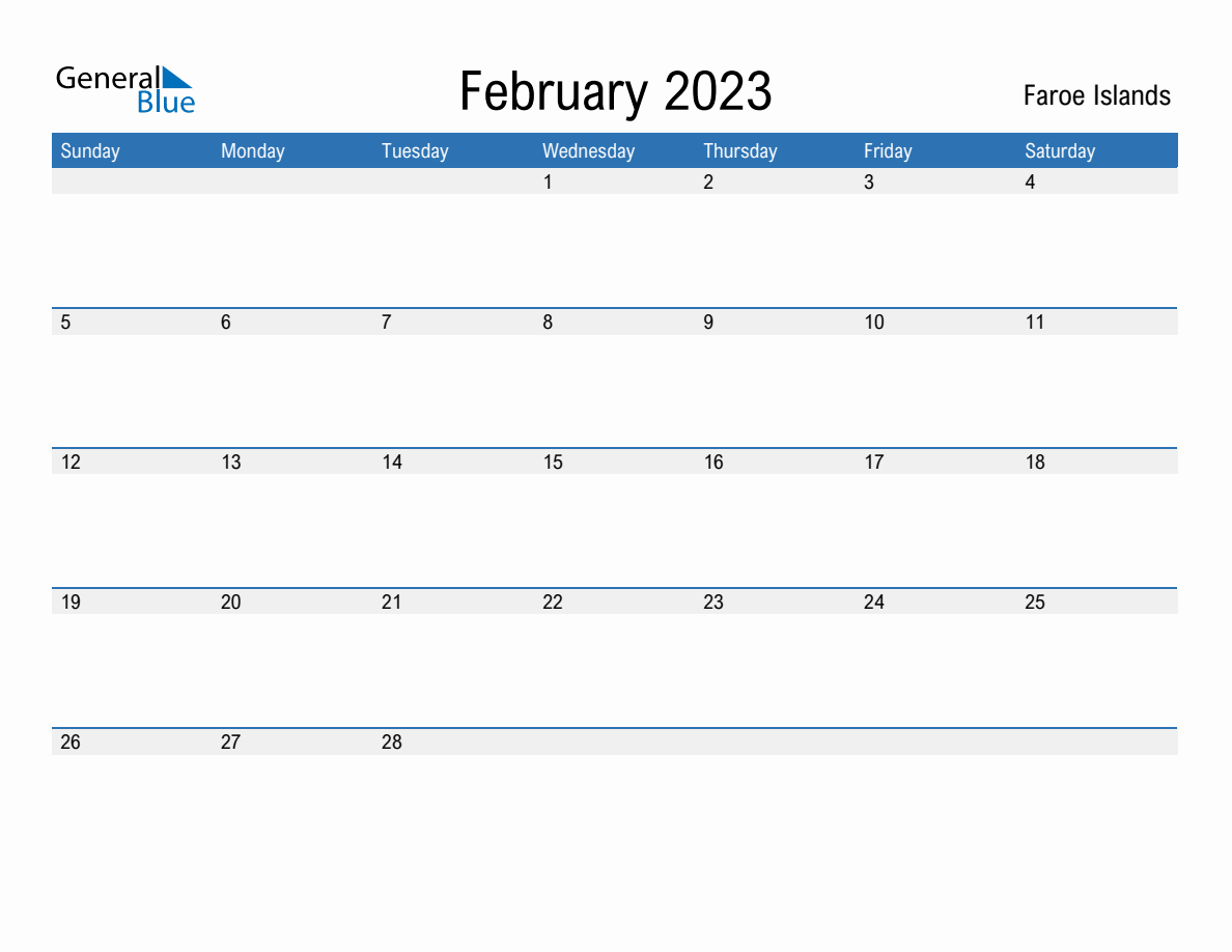 Editable February 2023 Calendar with Faroe Islands Holidays