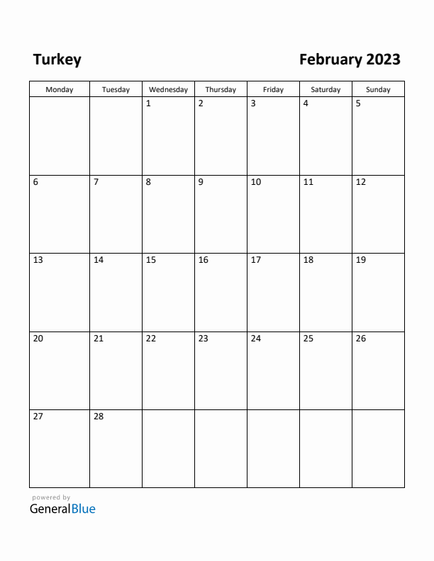 February 2023 Calendar with Turkey Holidays
