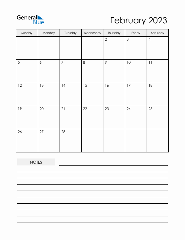 Printable Calendar with Notes - February 2023